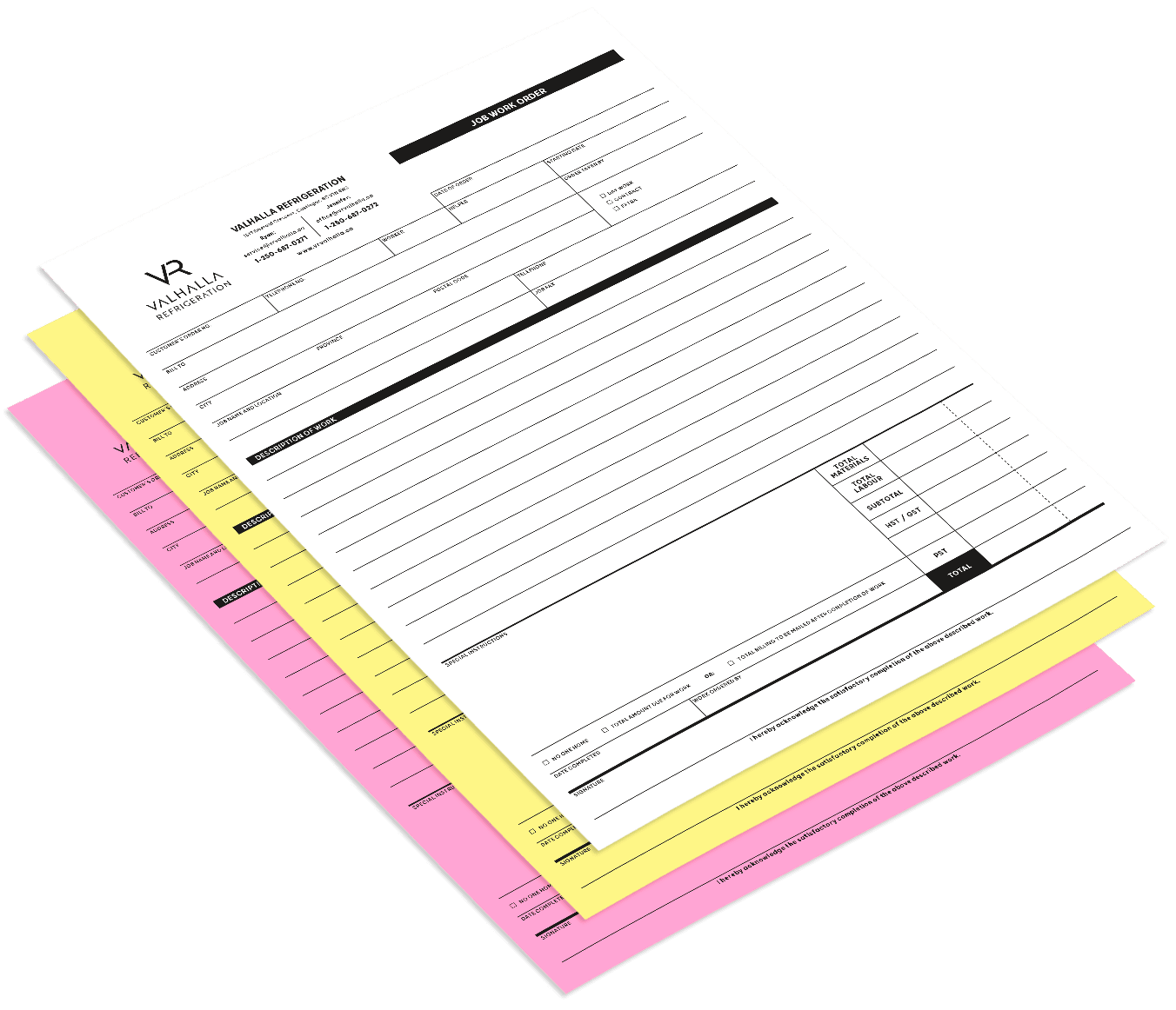 Valhalla Refrigeration in Castlegar B.C. the West Kootenays, work order book design and printing Work order book design and printing in Castlegar BC, the West Kootenays for Valhalla Refrigeration