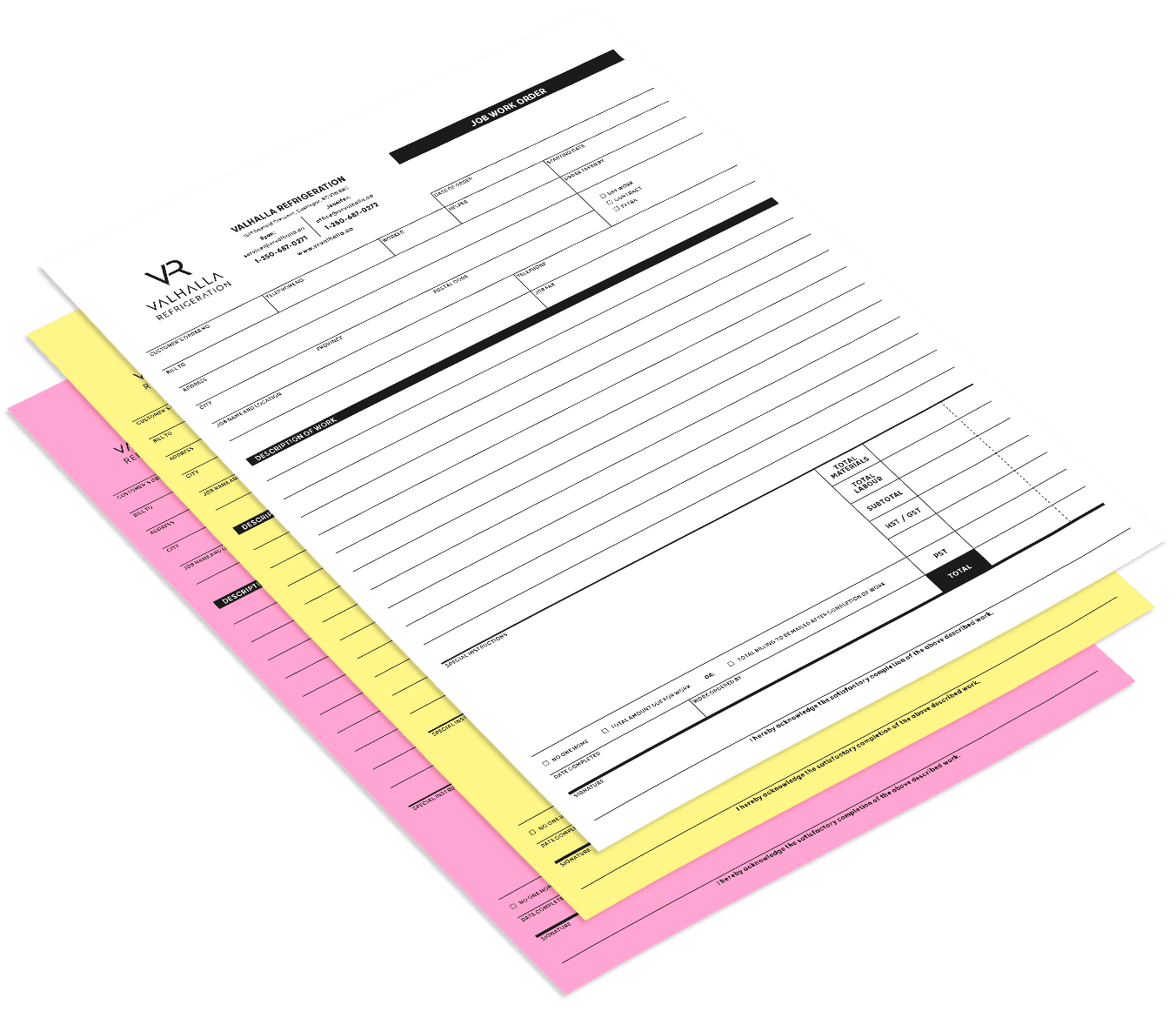 Work order book design and printing in Castlegar BC, the West Kootenays for Valhalla Refrigeration
